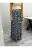 Women's Style Big Size Skirt Blue Floral Patterned Long Skirt With Elastic Waist