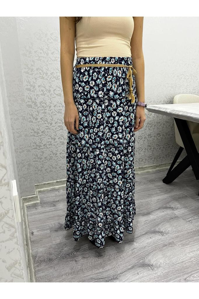 Women's Style Big Size Skirt Blue Floral Patterned Long Skirt With Elastic Waist