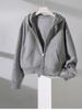 Women's Petite Gray Fleece-Lined Hooded Sweatshirt, Thickened, Short Jacket for Autumn and Winter