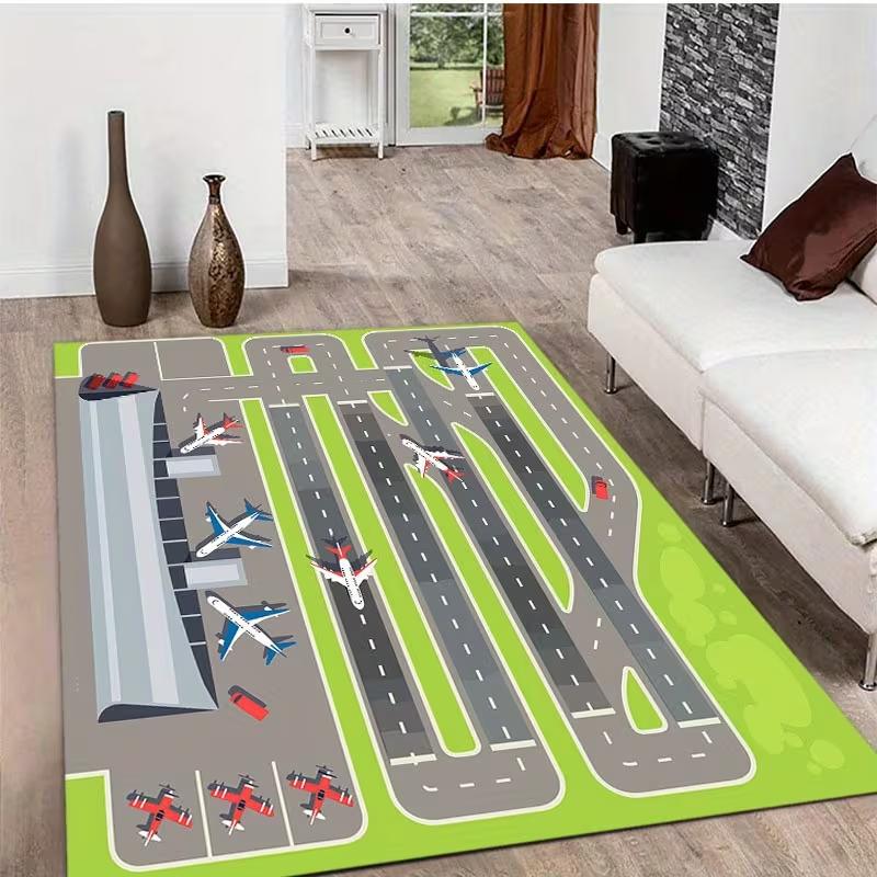 Kids Realistic Airport Runway Play Rug Non Slip Soft Educational Interactive Carpet for Children Bedroom Playroom and Game Area