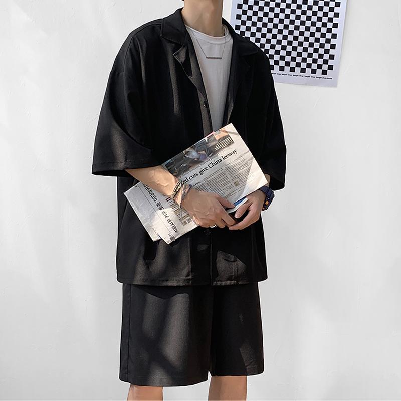 M-5XL большой корейский стиль для мальчиков и мужчин комплект костюма рубашки + шорты ДВА фото однотонная тонкая уличная одежда с карманами для подростков длиной до колен летняя одежда костюмы для мужчин