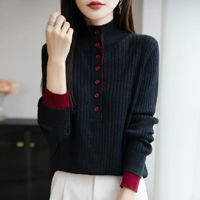 Women's V-Neck Wool Sweater - Half Button Color Block Pullover for Autumn/Winter