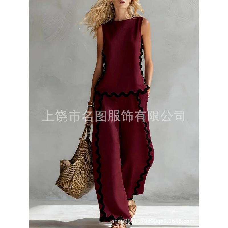 European, American Bohemian fashion contrasting colors 1D digital printing printing retro casual top set