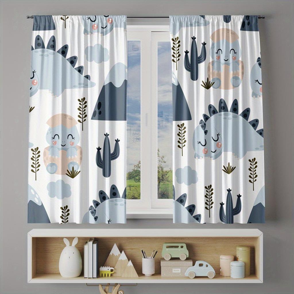 2Pc Cartoon Dinosaur Print Curtains - Polyester Fabric For Bedroom, Living Room, And Kitchen - Machine Washable
