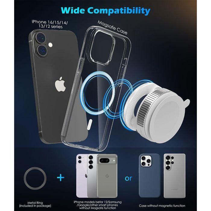 Support Magnétique pour Téléphone - Blanc - Réglable - Ventouse Puissante - Multi-Scénarios - Rotation 360°