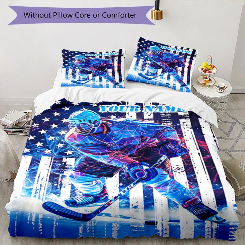 3PC Custom Name Hockey Player Action Bedding Set Printed Bedding Set Duvet Cover Closure Includes 1 Duvet Cover & 2 Pillowcases for All Seasons Bedroo