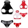 Women's PU Leather Hollow Out Lingerie 2 Piece Sexy Bra and Panty Sets