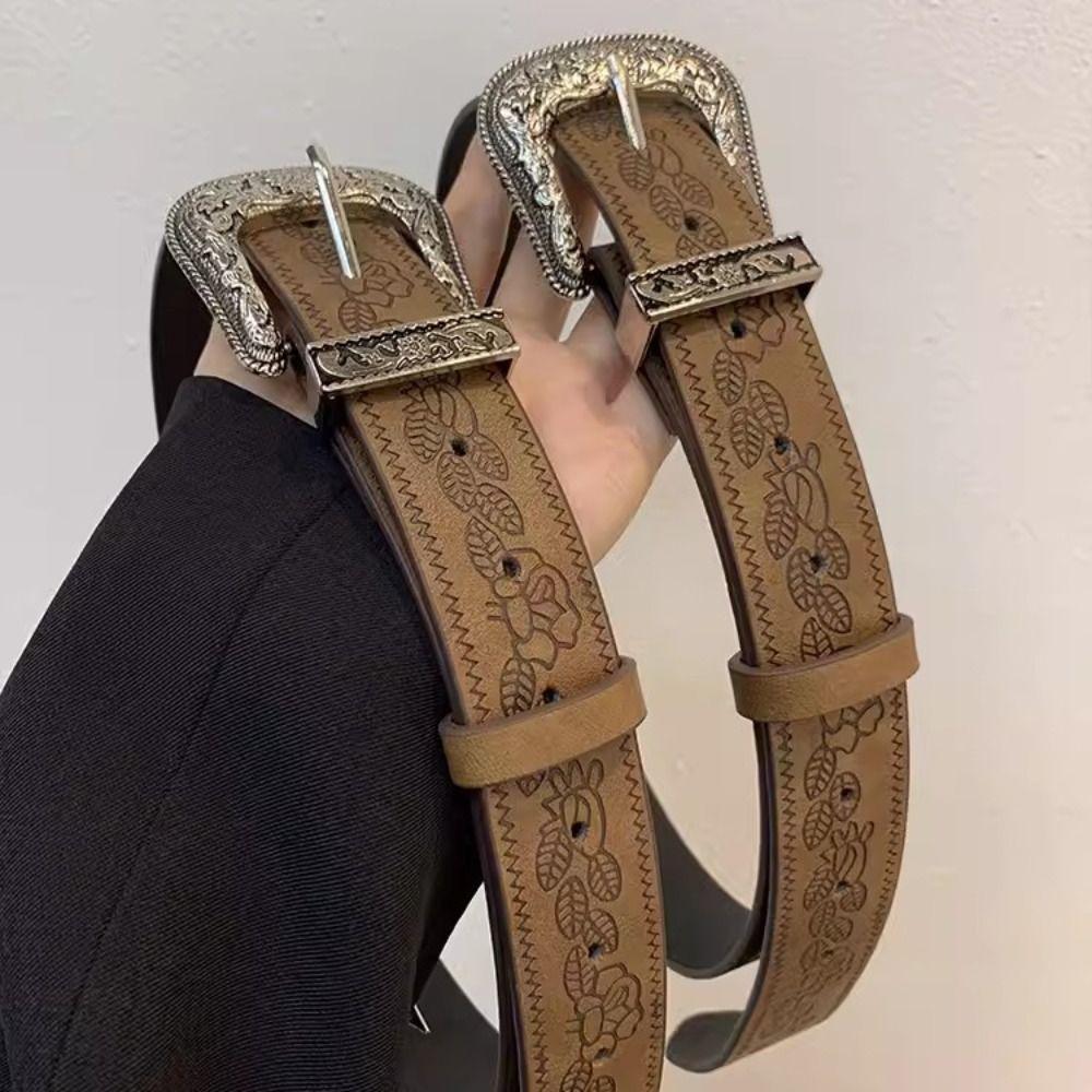 Vintage Printed Ethnic Style Belt Y2k Pants Decorative Gothic PU Leather Belt Female