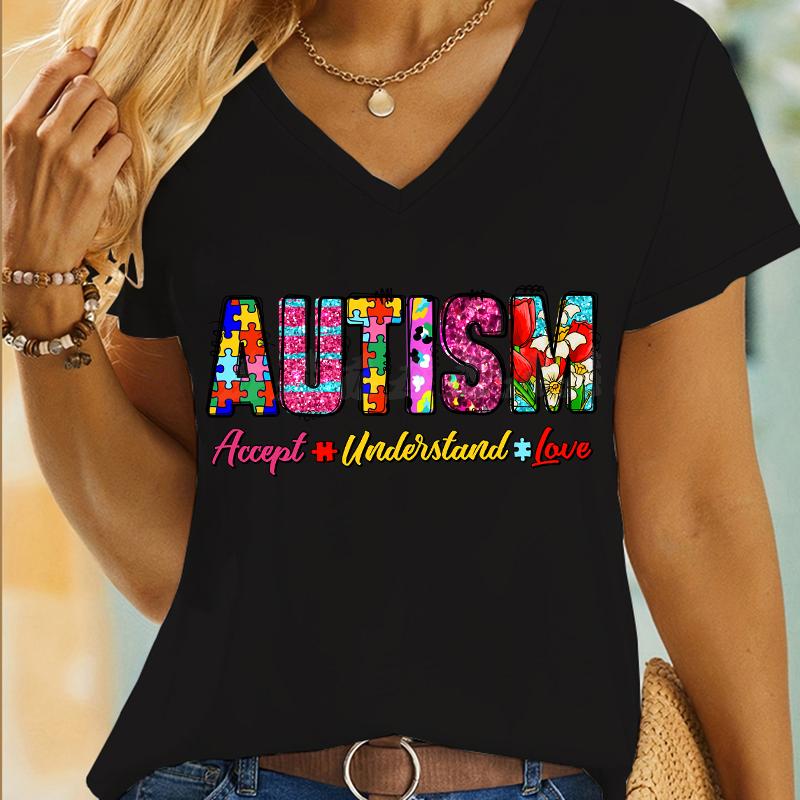 Retro Autism Tshirt Accept Understand Love Classic Tops Tees Women Tshirts Autism Awareness Gift for Mom Vneck Summer Clothes