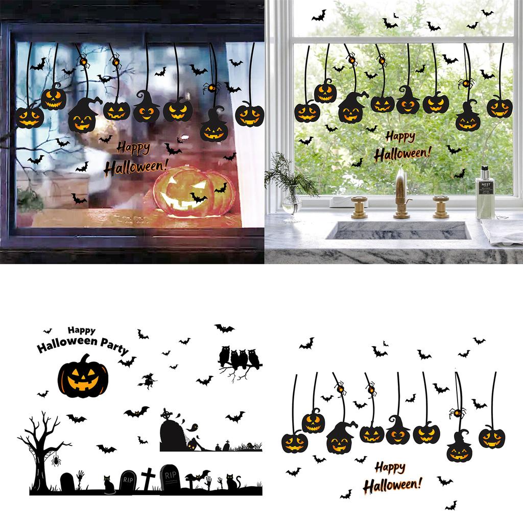 Static Cling Halloween Window Decal Bat and Pumpkin Design Reusable PVC Sticker Decors For Home Office Party Supplies