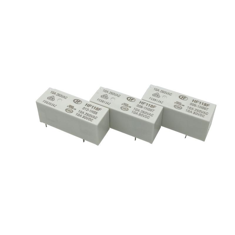 Hongfa Relay HF118F Series: HF118F-005-1HS5T and HF118F-012-1HS5T, 10A, 4-Pin, Normally Open.