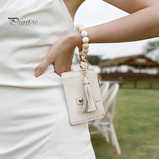 Брелок на запястье с блокировкой RFID и 6 отделениями для карт, браслет с кисточками и бусинами, брелок из искусственной кожи