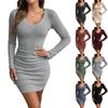 Women's Ribbed V-Neck Slim Long-Sleeve Bodycon Dress