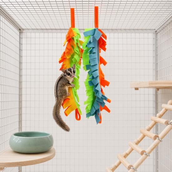 2 Pcs Parrot Chewing Toy with Metal Hanging Ring Colorful Felt Strips Small Animal