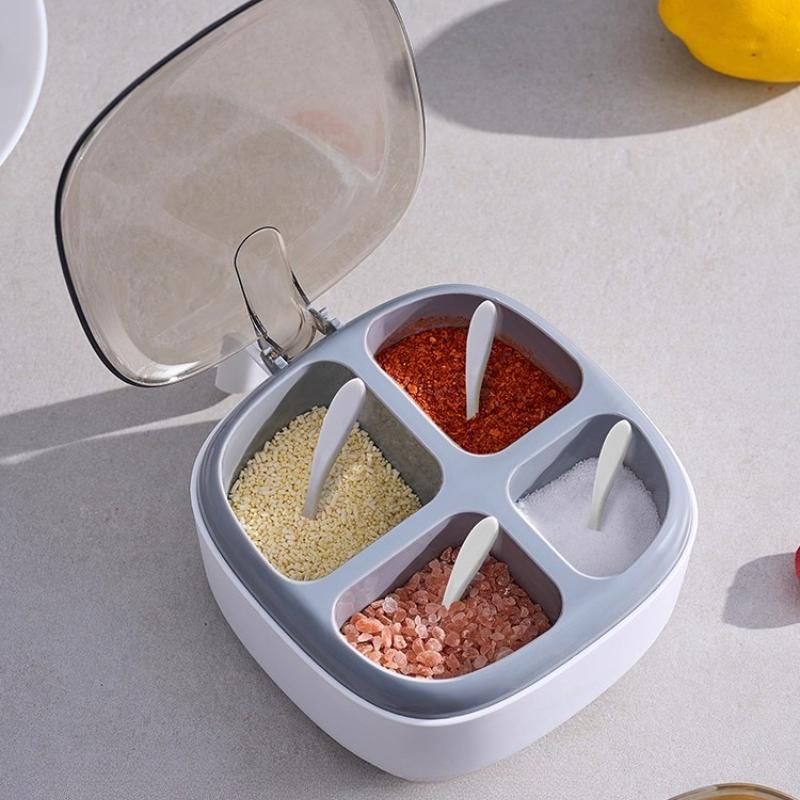 1 шт. Контейнер для специй с ложкой, четырехсекционный, прозрачный, с откидной крышкой, для хранения приправ и специй