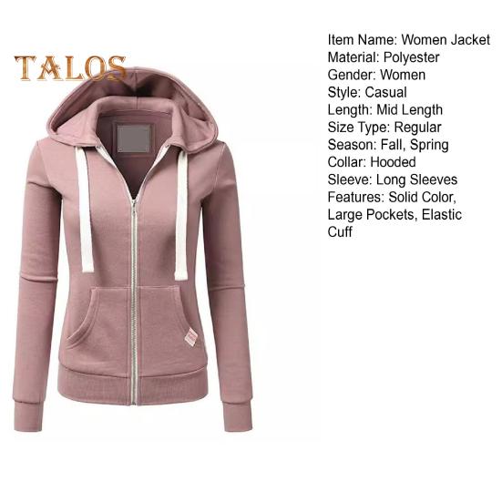 Fall Winter Women Jacket Drawstring Hooded Zip-up Long Sleeves Pure Color Slim Fit Elastic Cuff Cardigan Pockets Sport Fitness Coat