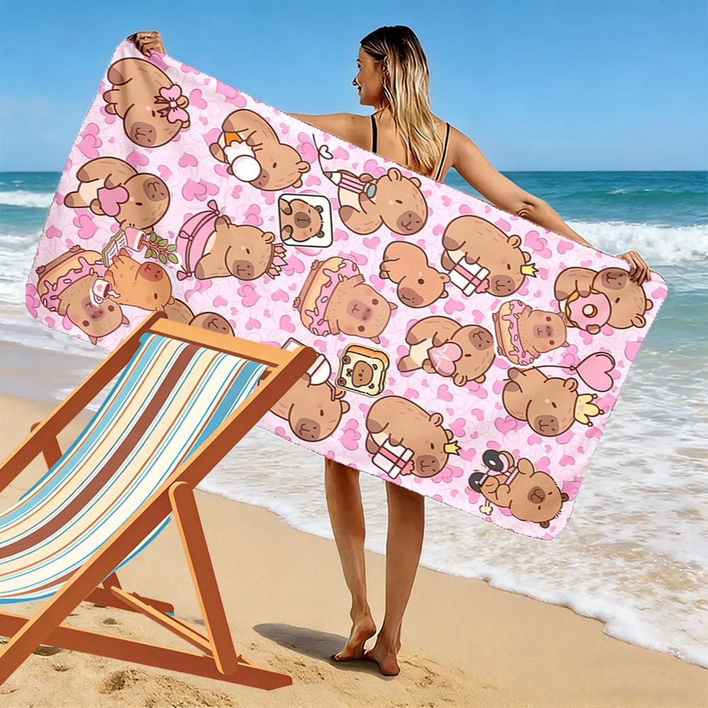 Cute Capybara and Hearts Pattern Beach Towel Quick-drying for Travel Outdoor Sports Jogging Beach and Swimming