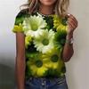 Summer Round Neck 3D Flowers Graphic Print Top Fashionable Casual Short Sleeved Women's T-shirts