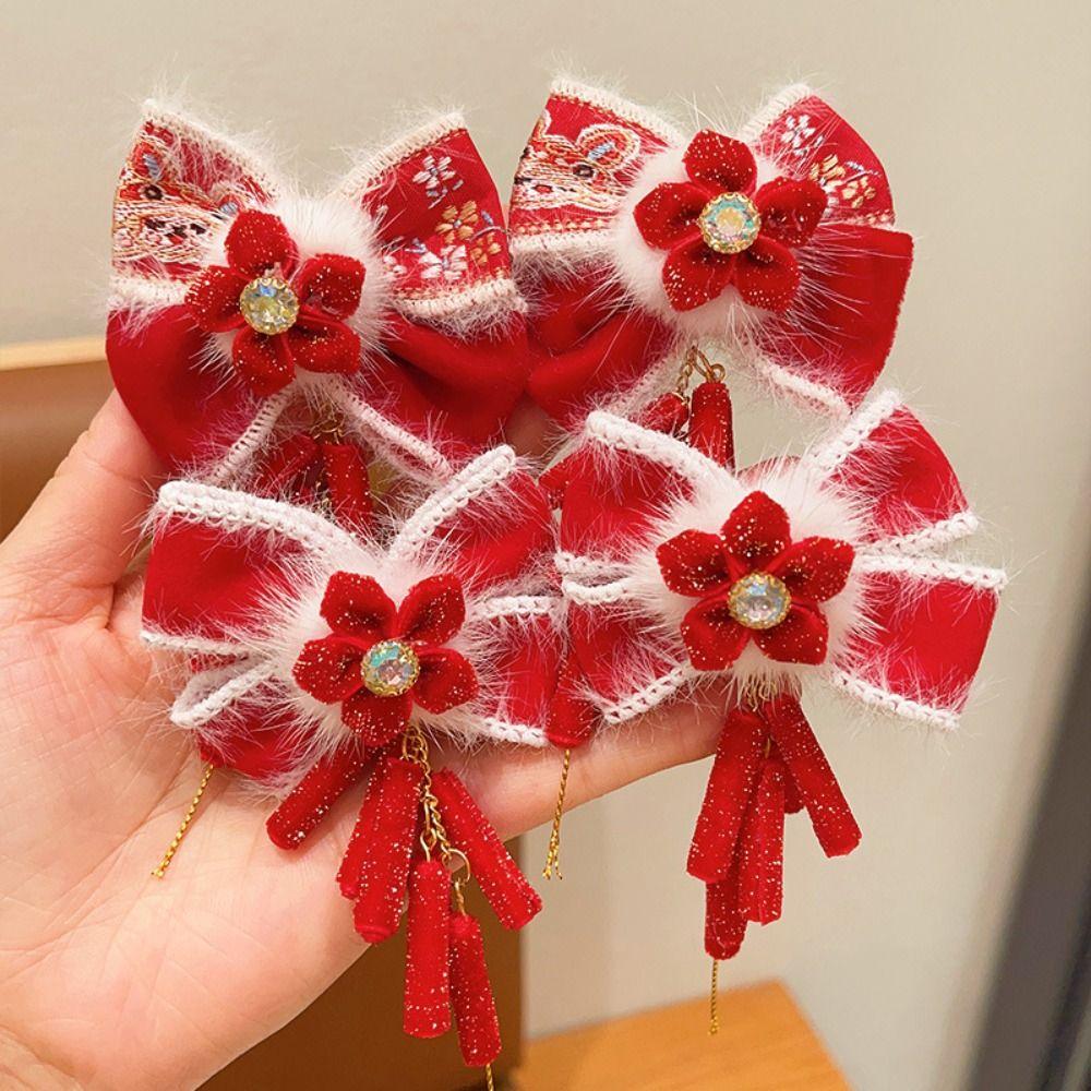 Головной убор ханьфу, новогодний красный зажим для волос, костюм, головной убор, красная кисточка, заколка для волос, танцы