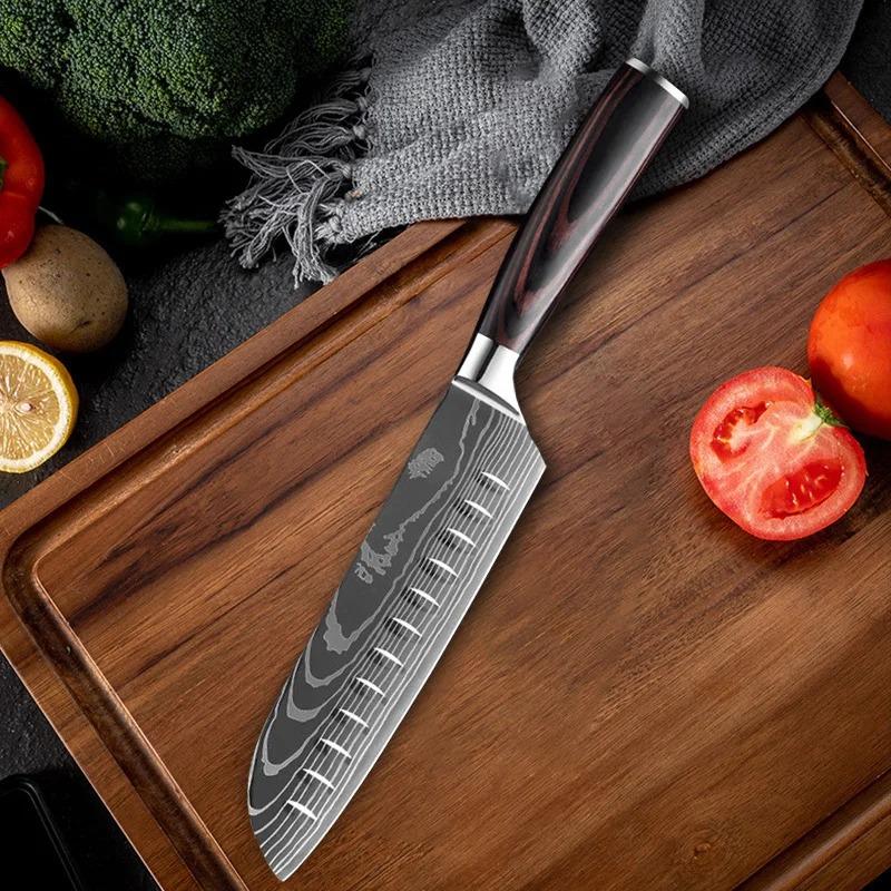 Stainless Steel Kitchen Knives 7CR17 440C Laser Damascus Japanese Santoku Cleaver Slicing Utility Chef Knife Cooking Tools