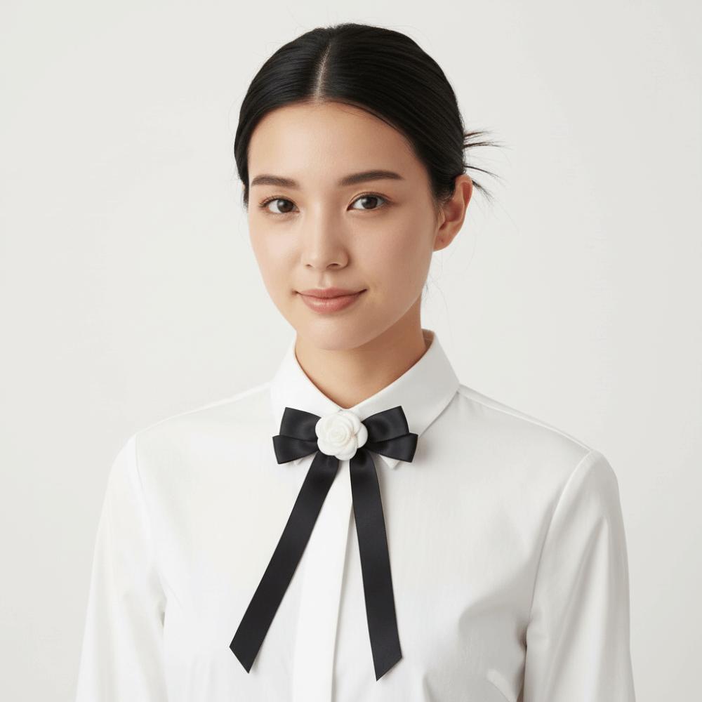 Camellia Black Bow Brooch Pin White Funerals Memorial Pin Fashion Black Ribbon Pin Party