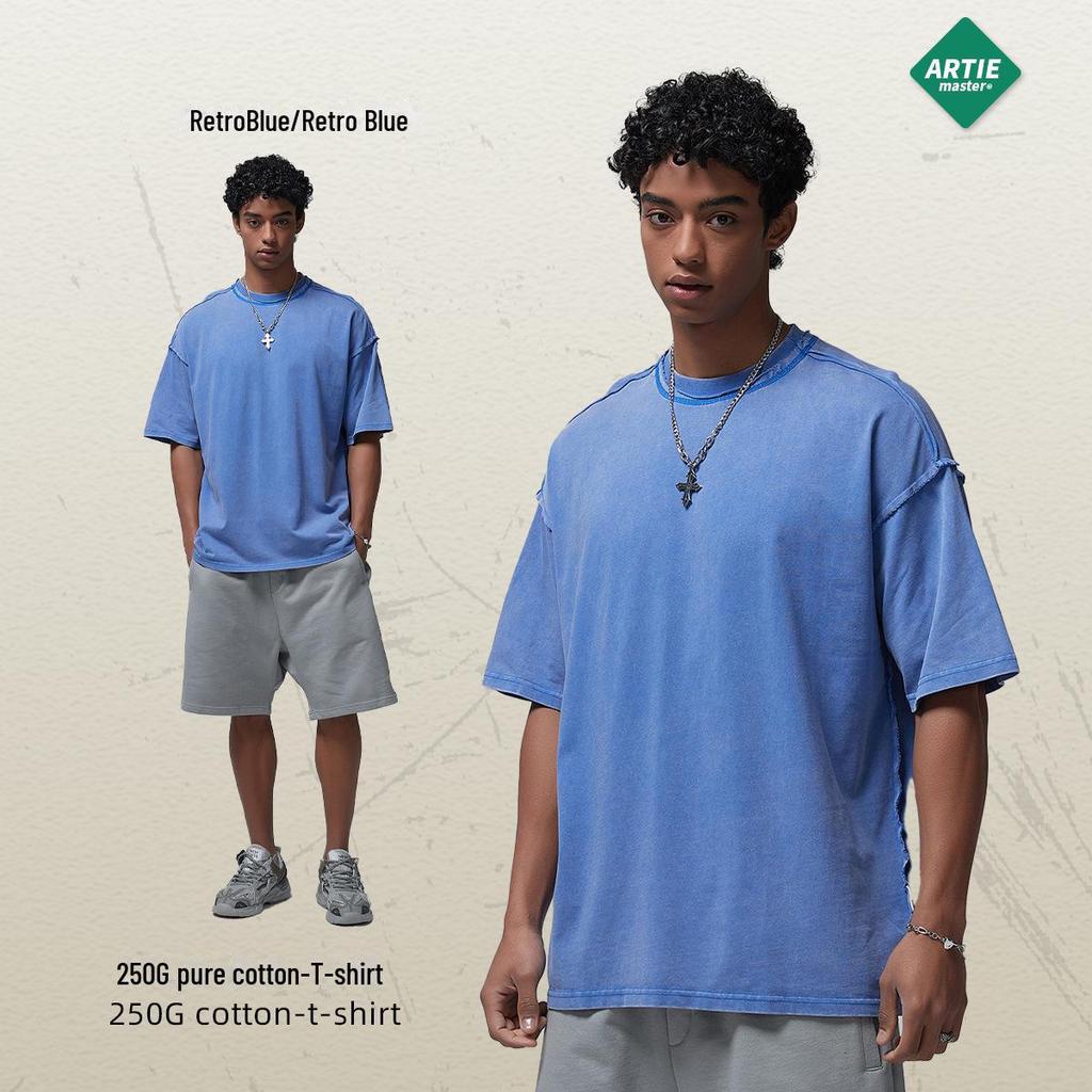 Футболка мужская ARTIE Retro Washed с коротким рукавом 2024 года — свободный крой, модная, 250 г, с оборками для весны/лета