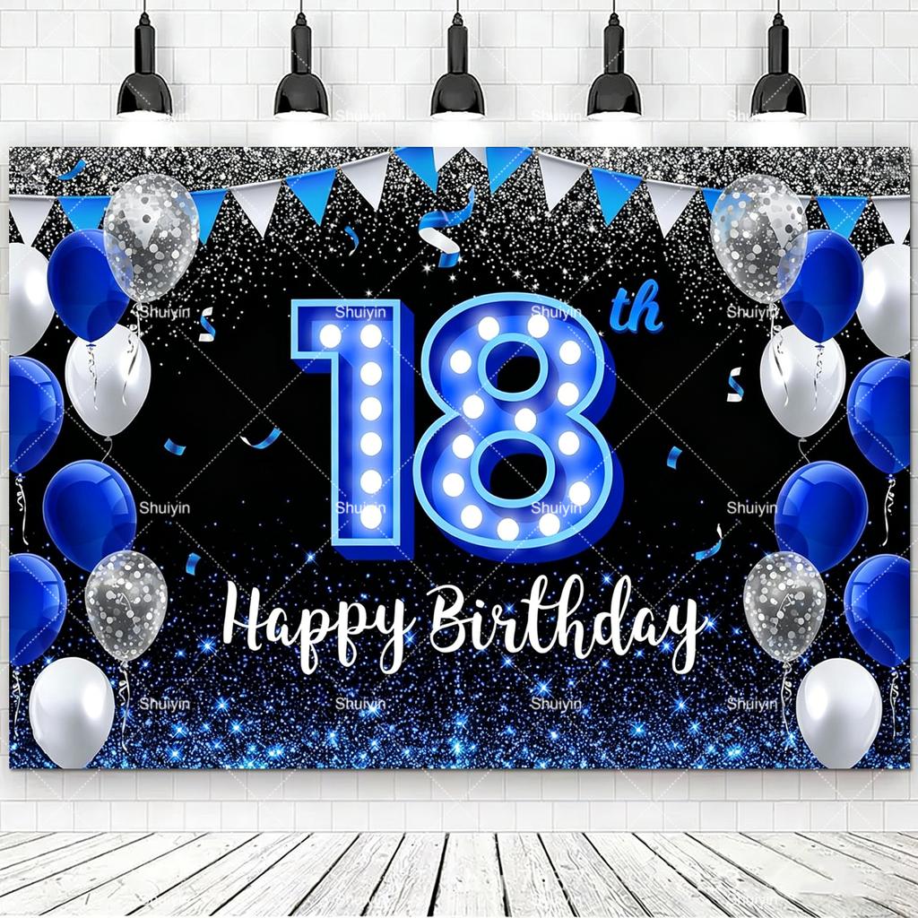 2D Happy Birthday Backdrop Black Blue Balloon Customized Age Kids Adults 18th 20th 30th 40th Birthday Decorations Party Supplies
