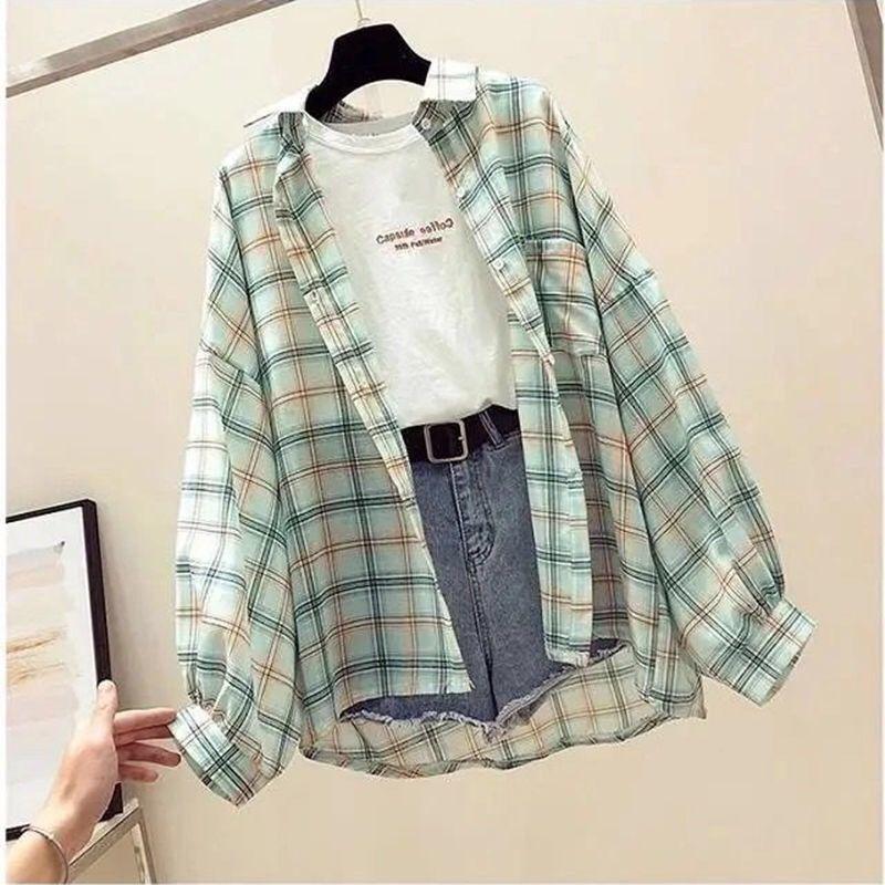 Весна Лето Женская Винтажная Длинный Рукав Свободная Клетчатая Блузка Топы Женские Шифоновые Повседневные Рубашки Солнцезащитные Рубашки