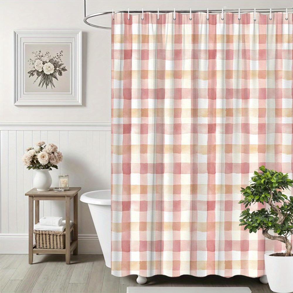 Watercolor Pink Beige White Plaid Checkered Print Shower Curtain Waterproof Mildew Resistant With Plastic Hooks Quick Install Fo