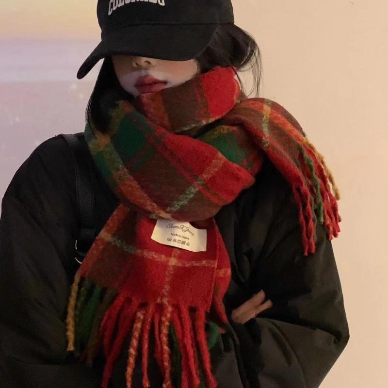 Plaid Scarf Women's Korean Style Warm Atmosphere New Dry Rose Pink Whitening Soft Tassel Shawl Scarf