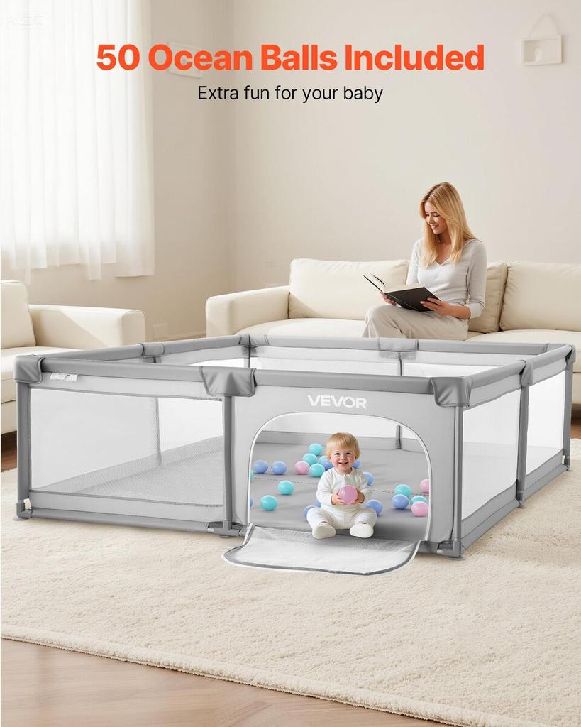 Baby Playpen, 2000 x 1785mm Extra Large Playpen for Babies Toddlers, Indoor/Outdoor Baby Fence Play Yard, No-Gap Safety Activity Center with 50 Ocean