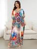 2024 Bohemian Chic Printed Batwing Sleeve V-образный вырез с разрезом по бокам Макси-платье Женская летняя одежда Пляжная одежда Купальный костюм Накидка Q1594