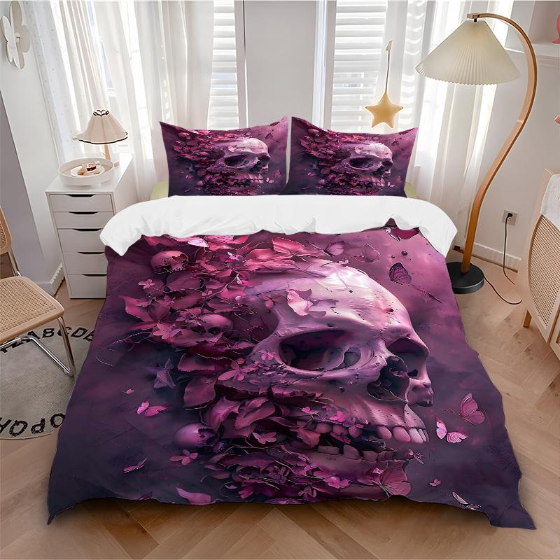 3pcs Dreamlike Fusion of Skulls Butterflies and Petals Printed Duvet Cover Set (1 * Cover+2 * Pillowcase, Without Core), Suitable for Home Bedroo