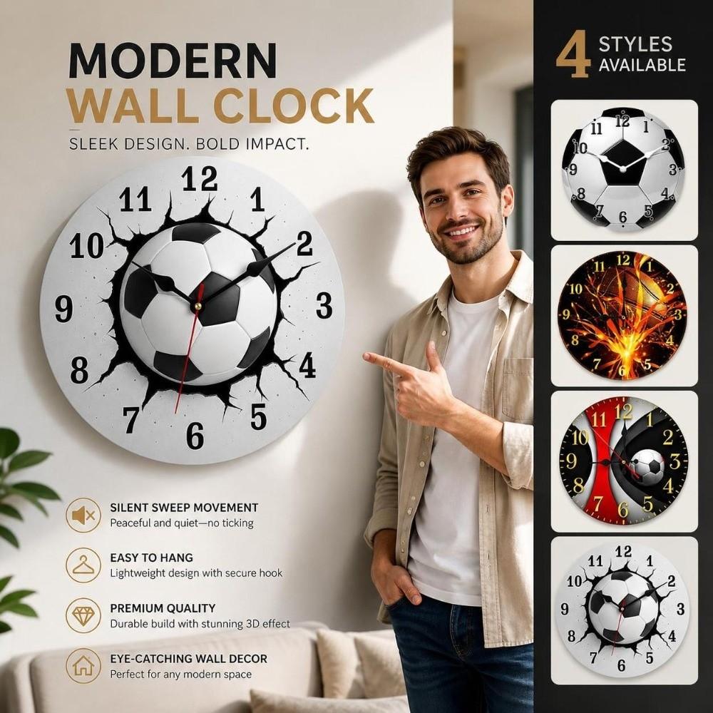 Solid Wood Football-Themed Wooden Clock Silent Soccer Quartz Clock Round Wall Clock  Living Room