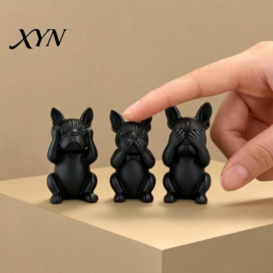 Настольное украшение Французский бульдог, Набор из 3 статуэток, 3D-печать, Матово-черная скульптура, Минималистичная фигурка бульдога, Цельнолитые фигурки для дома