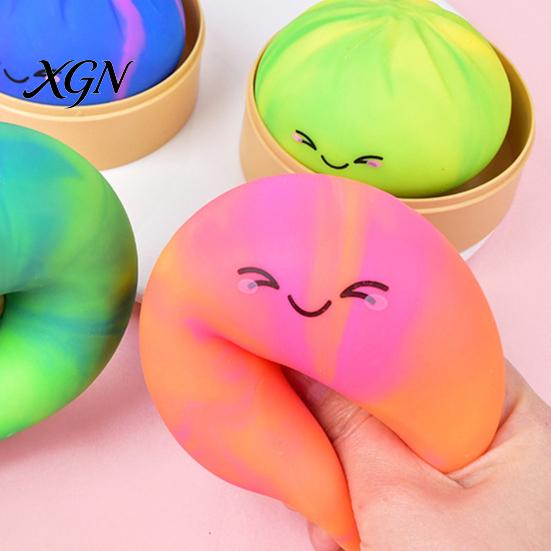 Bun Fidget Toy with Steamer Rainbow Steamed Stress Ball Anti-Anxiety Colorful Smiling Dumpling Soft Squeeze Simulated Dough Sensory