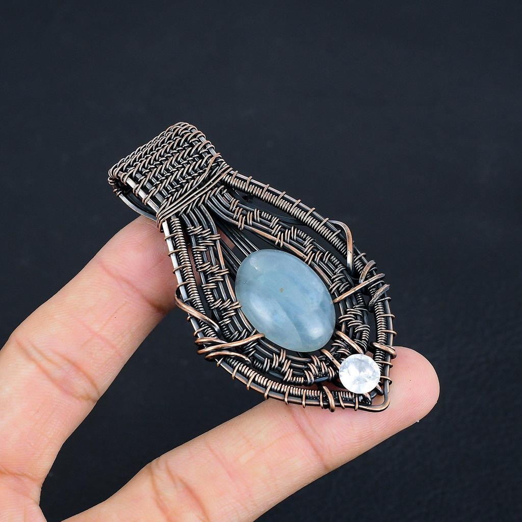 Aquamarine 999 Copper Wire Wrapped Pendant, Handmade Gemstone Pendant Jewelry, Gifts For Wife Brand New Pendant