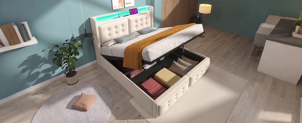 Upholstered Bed 140x200, Double Bed with LED Headboard and USB C Charging, Hydraulic Wooden Slatted Base, 300 kg, Beige, Cotton (Without Mattress)