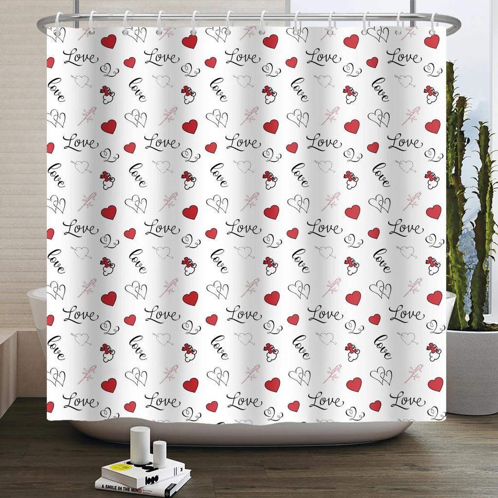 Happy Valentines Day Heart Shower Curtain Red Pink Romantic Falling Love Heart Sweet Lovers Waterproof Bathroom Curtain Decor