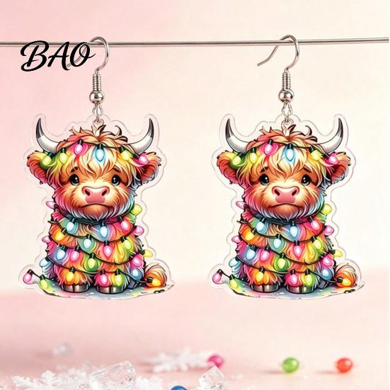 Fun Daily Wear Accessories 1 Pair Acrylic Highland Cow Christmas Earrings for Women, Cute Scottish Cattle Holiday Gift Her Dangle Drop Earrings,