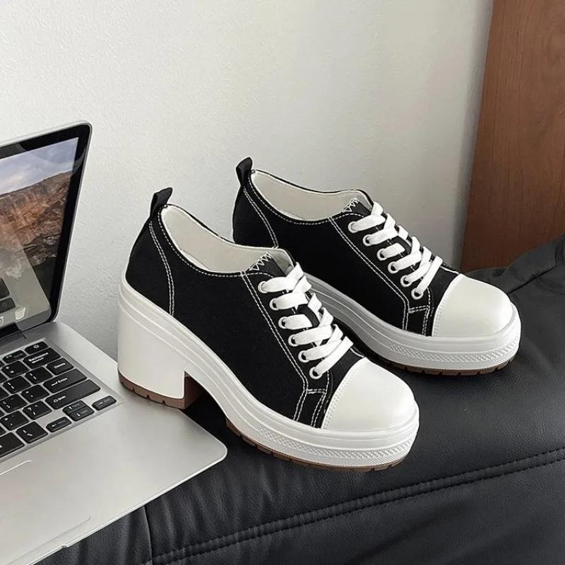 Fashion Canvas Shoes Women 2024 New Retro High Heels Thick Heels High Top Round Head Thin Belt Increase Thick Soled Woman Black Shoes