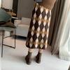 Straight Bodycon Women's Autumn Winter Diamond-Patterned Thickened Stretch Knitted Wool Midi Skirt Plaid Long Half Skirt