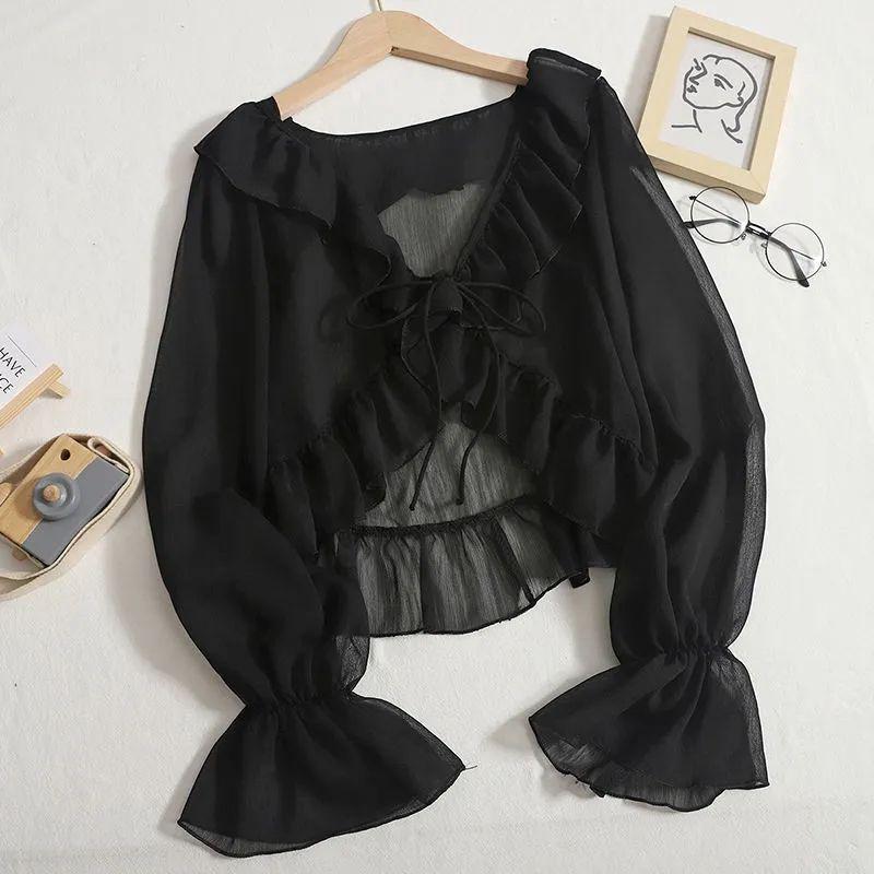 Women's Sun Protection Ruffle Tie Cardigan - Versatile Short Shawl for Summer 2024