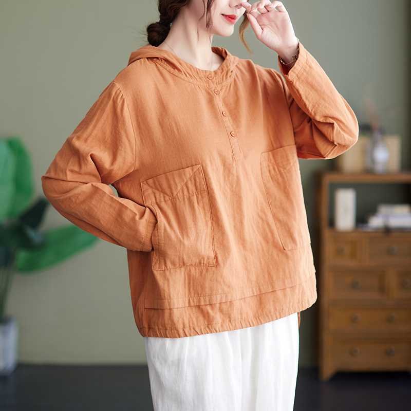 Свободный универсальный повседневный топ, женская рубашка с капюшоном, весенняя пуговица с карманом, простая свободная удобная блузка размера плюс