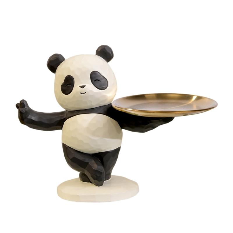 Decorative Panda Resins Statue with Storage Tray for Key and Trinkets Animal Sculpture Entryway Living Room Table Decors