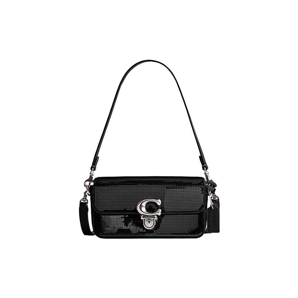 Coach Студия 20 Логотип Блестящая Кожаная Сумка-Багет Наплечная Сумка Маленькие Женские Сумки Черный CM428-LHBLK