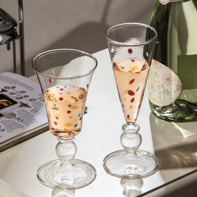 BRHigh-legged Champagne Glass Cups Transparent Polka Dot Wine Glass Coffee Cup Handmade High Borosilicate Glasses Drinking GlassesEY