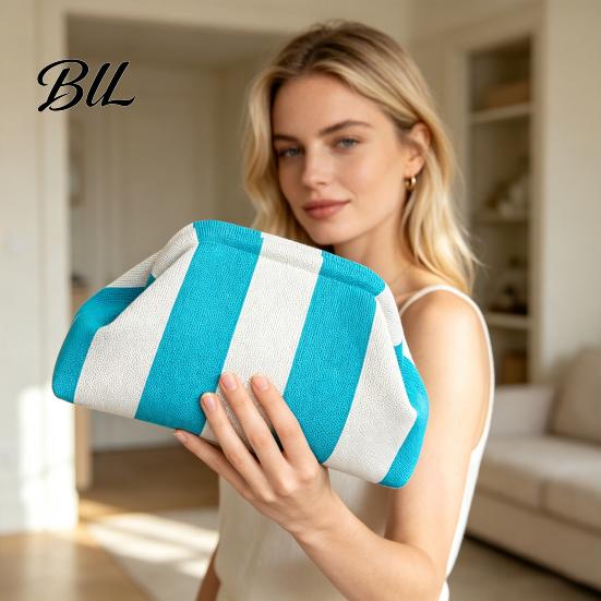 Kiss Lock Clutch Purse Woven Striped for Woman, Large Capacity Cosmetic Pouch, Portable Knit Dumpling Bag, Handbag Evening, Party Toiletry Bag