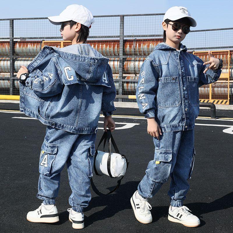 Весенне-осенний джинсовый костюм для мальчиков, джинсовая куртка с капюшоном и джинсы для мальчиков и детей, модный костюм-двойка
