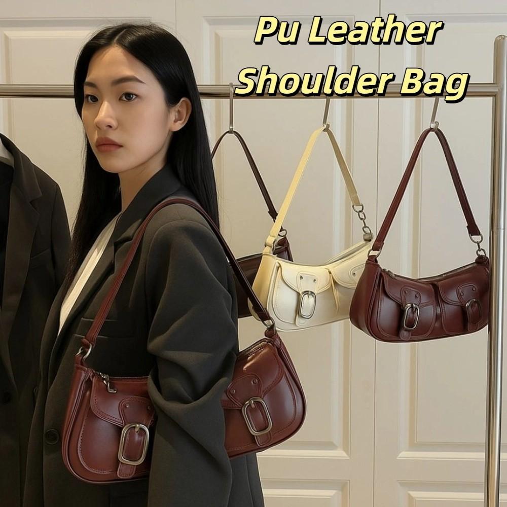 Double Pockets Pu Leather Shoulder Bag Y2k Zipper Handbag Fashion Women's Armpit Bag Commuting